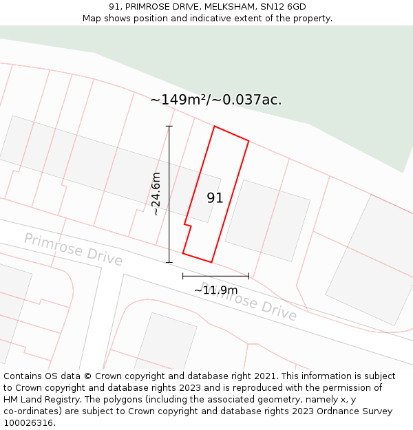 91, PRIMROSE DRIVE, MELKSHAM, SN12 6GD: Plot and title map