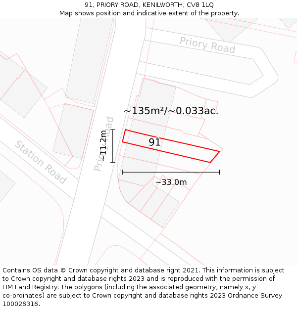91, PRIORY ROAD, KENILWORTH, CV8 1LQ: Plot and title map