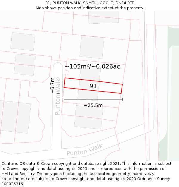 91, PUNTON WALK, SNAITH, GOOLE, DN14 9TB: Plot and title map