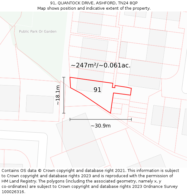 91, QUANTOCK DRIVE, ASHFORD, TN24 8QP: Plot and title map