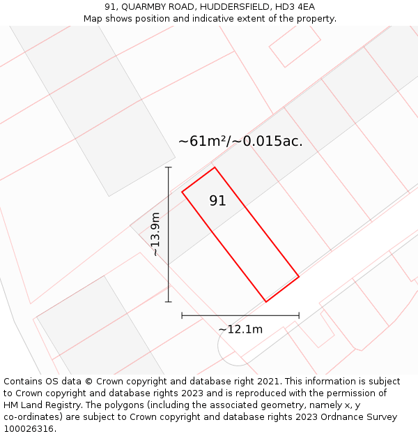 91, QUARMBY ROAD, HUDDERSFIELD, HD3 4EA: Plot and title map