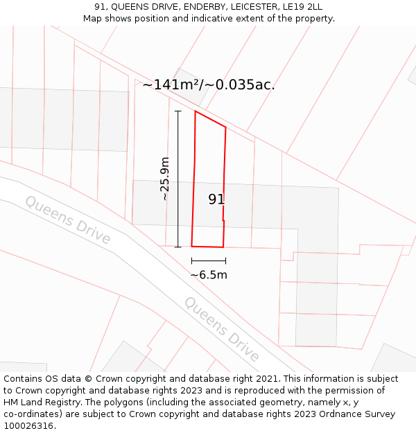 91, QUEENS DRIVE, ENDERBY, LEICESTER, LE19 2LL: Plot and title map