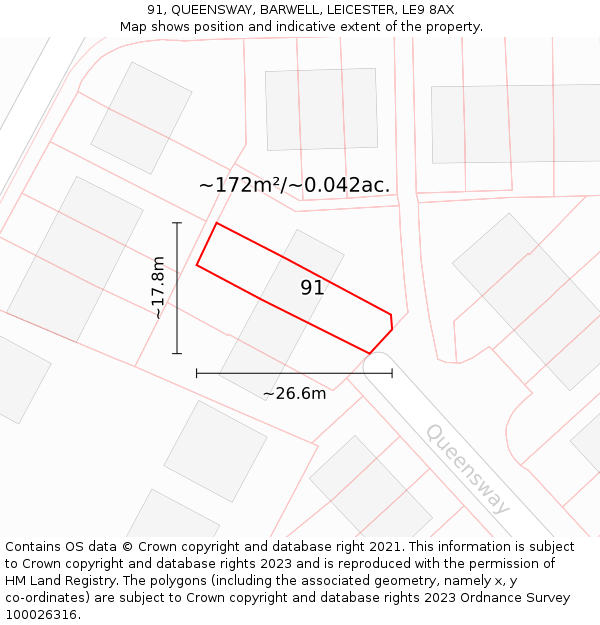 91, QUEENSWAY, BARWELL, LEICESTER, LE9 8AX: Plot and title map