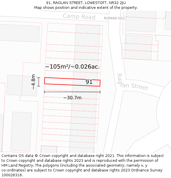 91, RAGLAN STREET, LOWESTOFT, NR32 2JU: Plot and title map