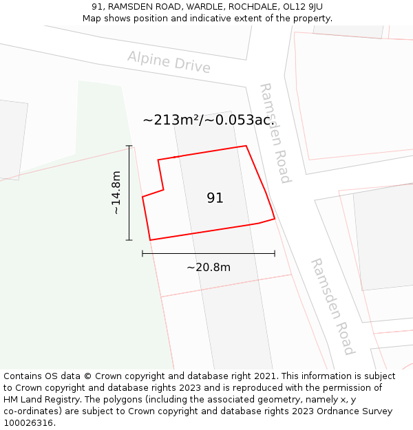 91, RAMSDEN ROAD, WARDLE, ROCHDALE, OL12 9JU: Plot and title map