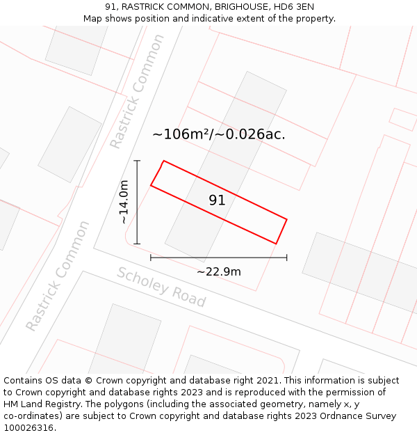 91, RASTRICK COMMON, BRIGHOUSE, HD6 3EN: Plot and title map