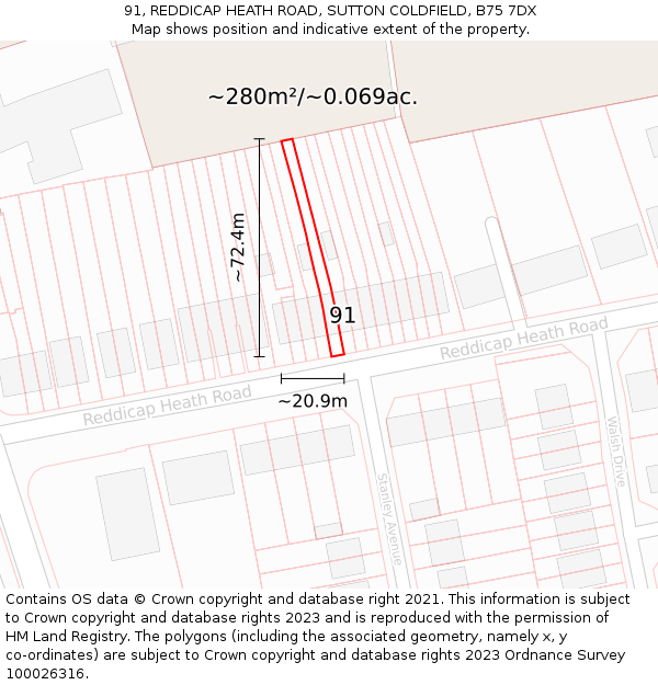 91, REDDICAP HEATH ROAD, SUTTON COLDFIELD, B75 7DX: Plot and title map