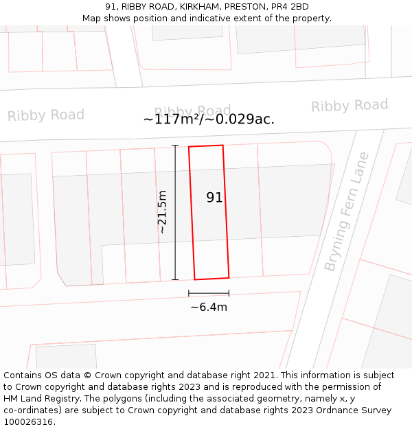 91, RIBBY ROAD, KIRKHAM, PRESTON, PR4 2BD: Plot and title map