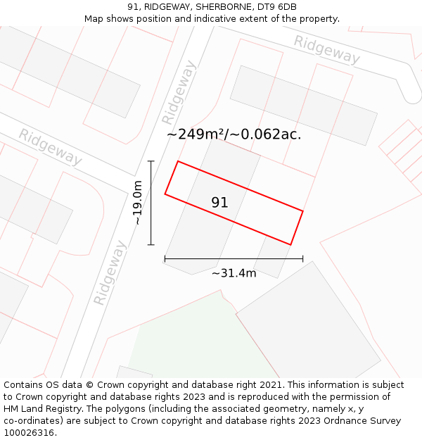 91, RIDGEWAY, SHERBORNE, DT9 6DB: Plot and title map