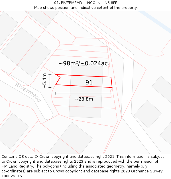 91, RIVERMEAD, LINCOLN, LN6 8FE: Plot and title map