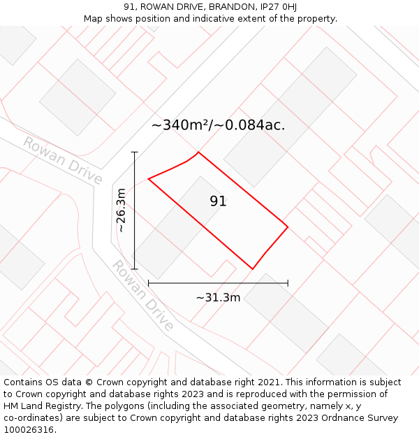 91, ROWAN DRIVE, BRANDON, IP27 0HJ: Plot and title map