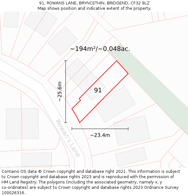 91, ROWANS LANE, BRYNCETHIN, BRIDGEND, CF32 9LZ: Plot and title map