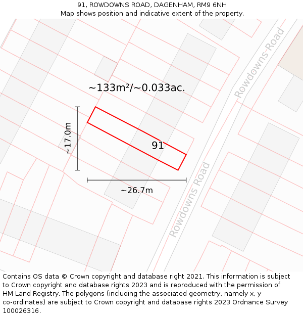 91, ROWDOWNS ROAD, DAGENHAM, RM9 6NH: Plot and title map