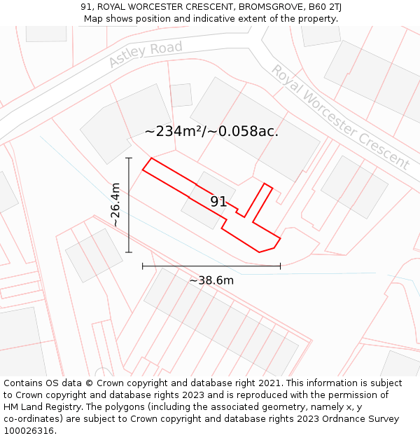 91, ROYAL WORCESTER CRESCENT, BROMSGROVE, B60 2TJ: Plot and title map