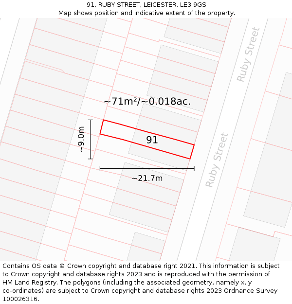 91, RUBY STREET, LEICESTER, LE3 9GS: Plot and title map