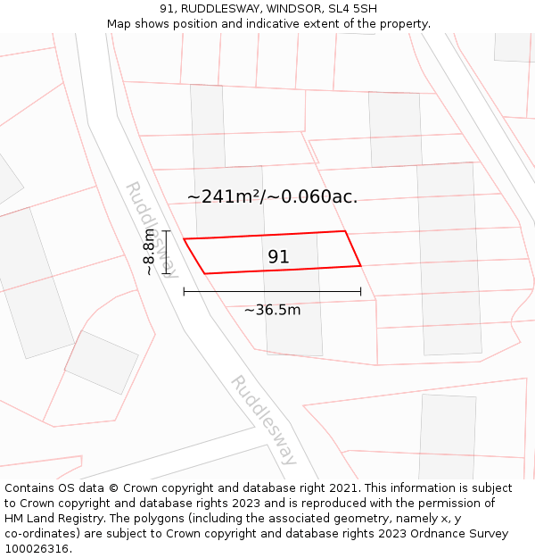91, RUDDLESWAY, WINDSOR, SL4 5SH: Plot and title map