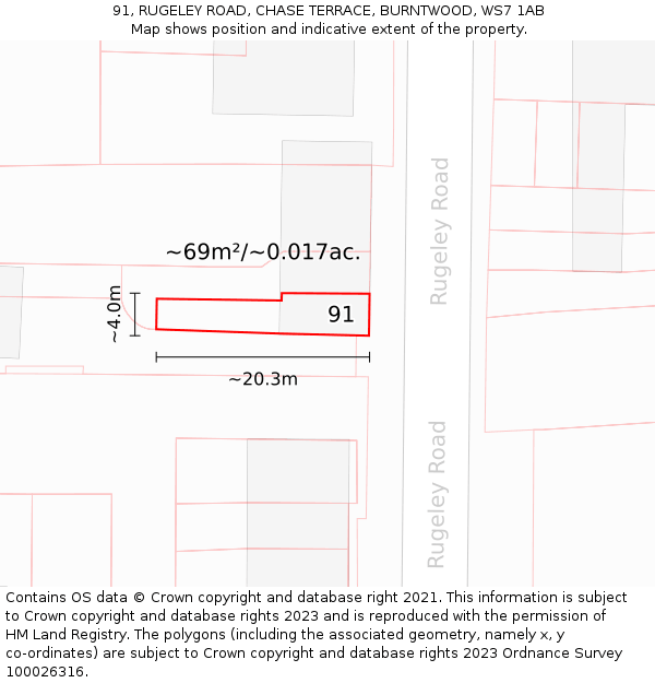 91, RUGELEY ROAD, CHASE TERRACE, BURNTWOOD, WS7 1AB: Plot and title map