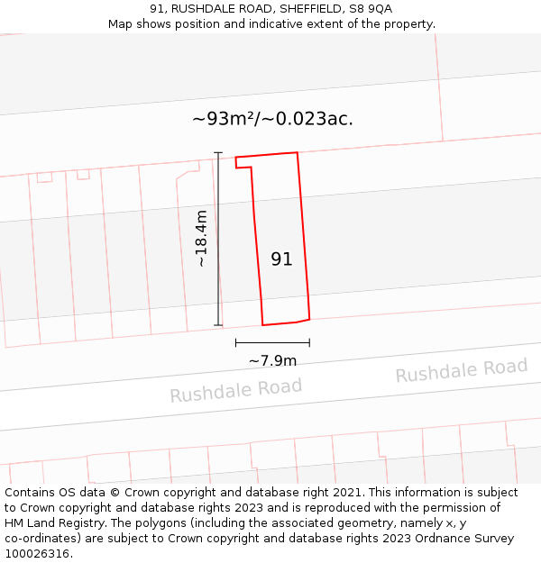 91, RUSHDALE ROAD, SHEFFIELD, S8 9QA: Plot and title map
