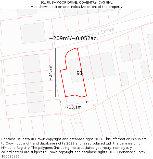 91, RUSHMOOR DRIVE, COVENTRY, CV5 8NL: Plot and title map