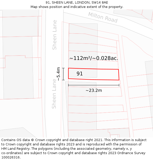 91, SHEEN LANE, LONDON, SW14 8AE: Plot and title map