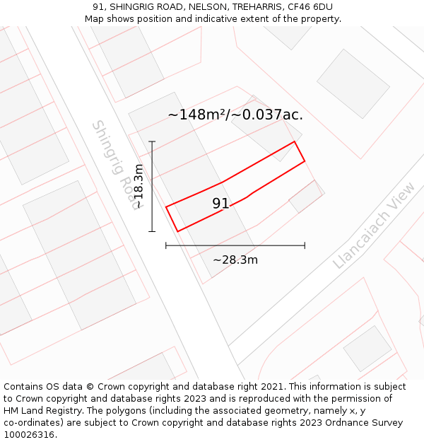 91, SHINGRIG ROAD, NELSON, TREHARRIS, CF46 6DU: Plot and title map