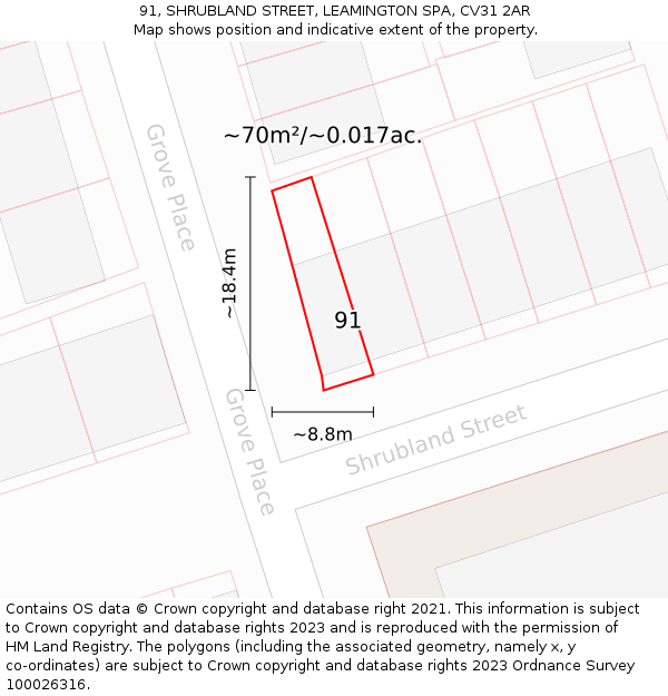 91, SHRUBLAND STREET, LEAMINGTON SPA, CV31 2AR: Plot and title map