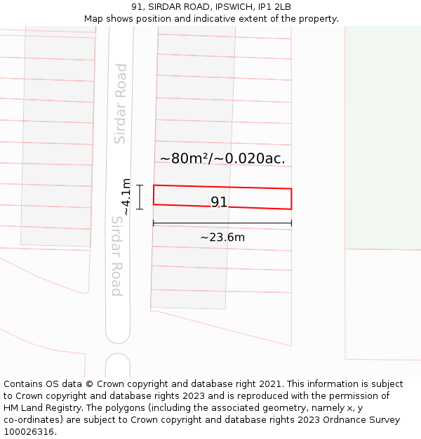 91, SIRDAR ROAD, IPSWICH, IP1 2LB: Plot and title map