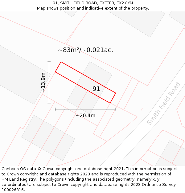 91, SMITH FIELD ROAD, EXETER, EX2 8YN: Plot and title map