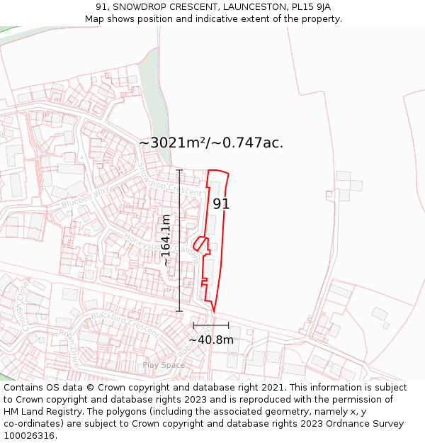 91, SNOWDROP CRESCENT, LAUNCESTON, PL15 9JA: Plot and title map