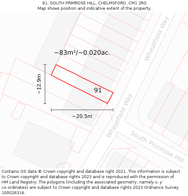 91, SOUTH PRIMROSE HILL, CHELMSFORD, CM1 2RG: Plot and title map
