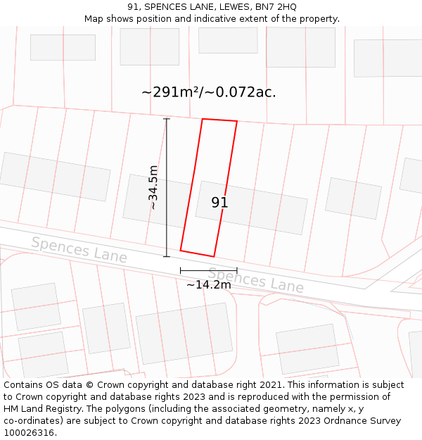 91, SPENCES LANE, LEWES, BN7 2HQ: Plot and title map