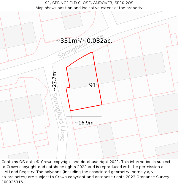 91, SPRINGFIELD CLOSE, ANDOVER, SP10 2QS: Plot and title map