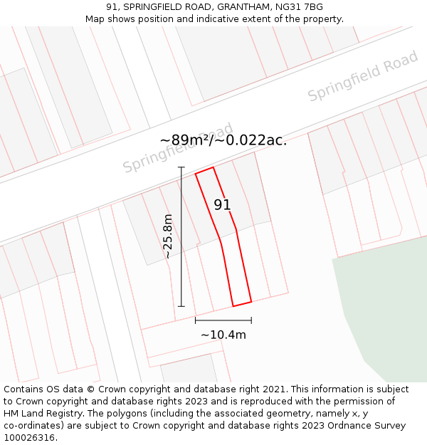 91, SPRINGFIELD ROAD, GRANTHAM, NG31 7BG: Plot and title map