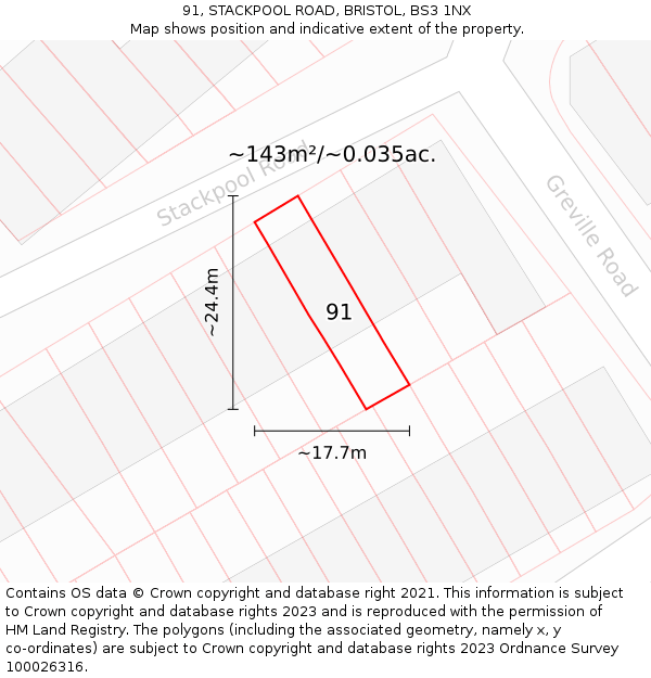 91, STACKPOOL ROAD, BRISTOL, BS3 1NX: Plot and title map