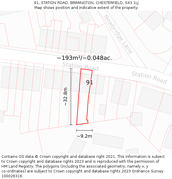 91, STATION ROAD, BRIMINGTON, CHESTERFIELD, S43 1LJ: Plot and title map