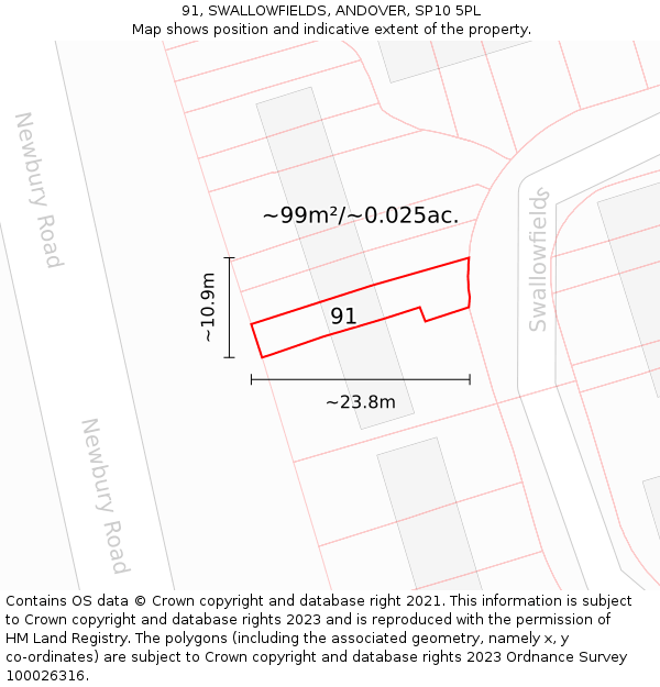 91, SWALLOWFIELDS, ANDOVER, SP10 5PL: Plot and title map