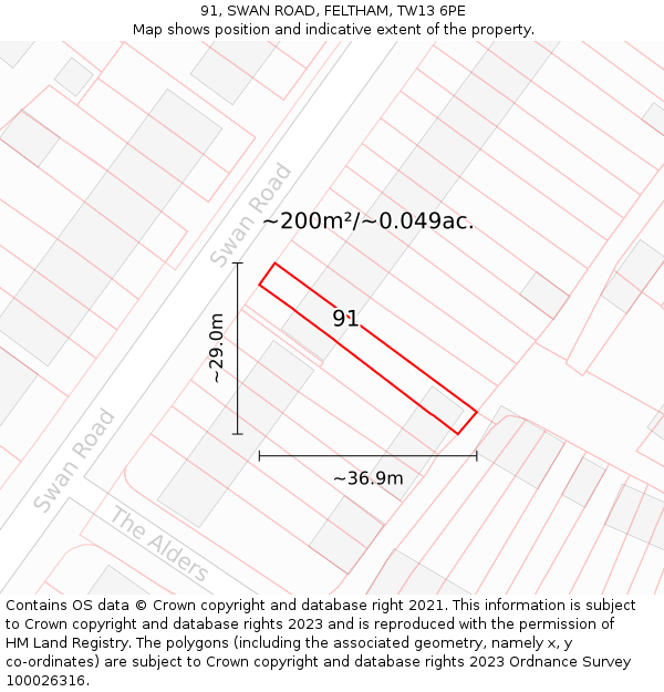 91, SWAN ROAD, FELTHAM, TW13 6PE: Plot and title map