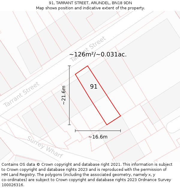 91, TARRANT STREET, ARUNDEL, BN18 9DN: Plot and title map