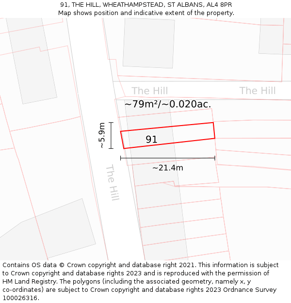 91, THE HILL, WHEATHAMPSTEAD, ST ALBANS, AL4 8PR: Plot and title map