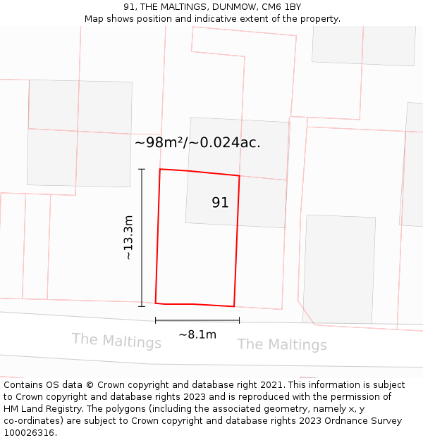 91, THE MALTINGS, DUNMOW, CM6 1BY: Plot and title map