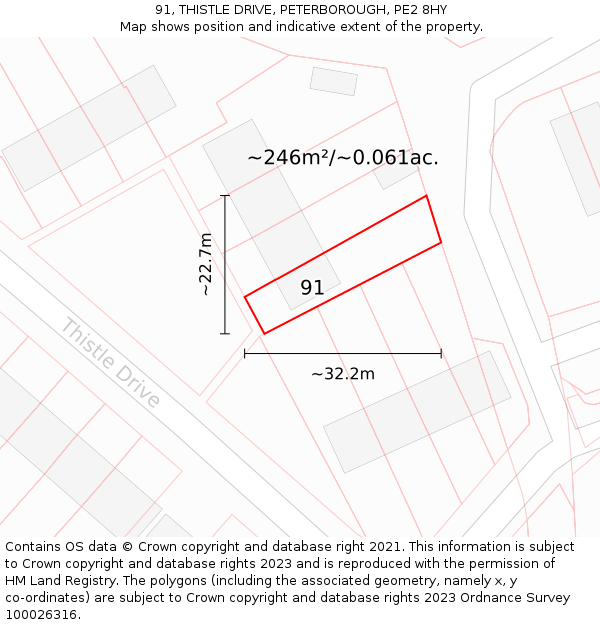 91, THISTLE DRIVE, PETERBOROUGH, PE2 8HY: Plot and title map
