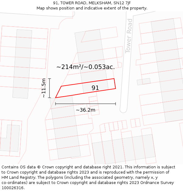 91, TOWER ROAD, MELKSHAM, SN12 7JF: Plot and title map