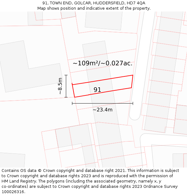 91, TOWN END, GOLCAR, HUDDERSFIELD, HD7 4QA: Plot and title map
