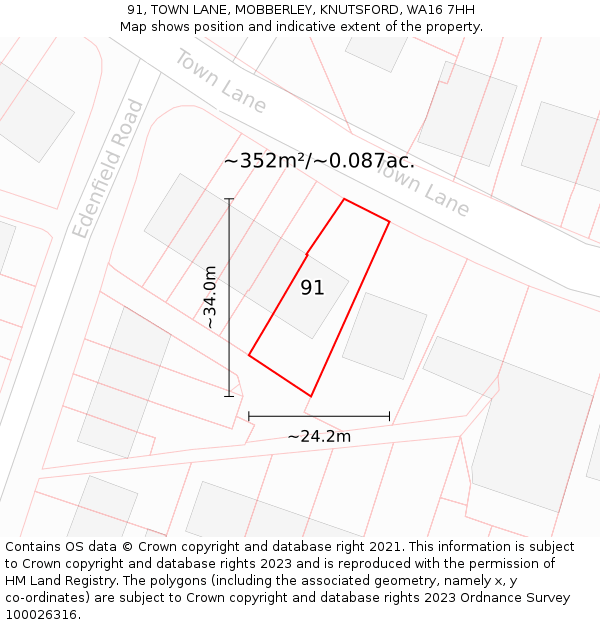 91, TOWN LANE, MOBBERLEY, KNUTSFORD, WA16 7HH: Plot and title map