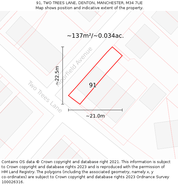 91, TWO TREES LANE, DENTON, MANCHESTER, M34 7UE: Plot and title map