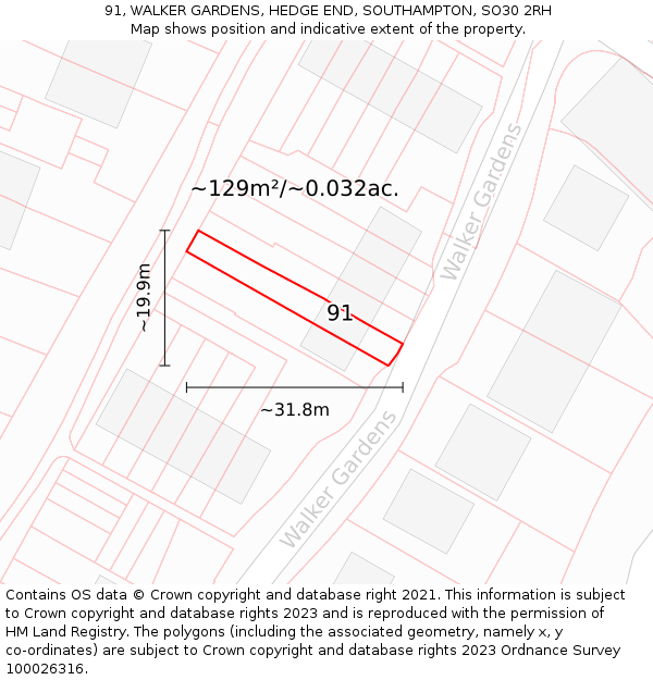 91, WALKER GARDENS, HEDGE END, SOUTHAMPTON, SO30 2RH: Plot and title map