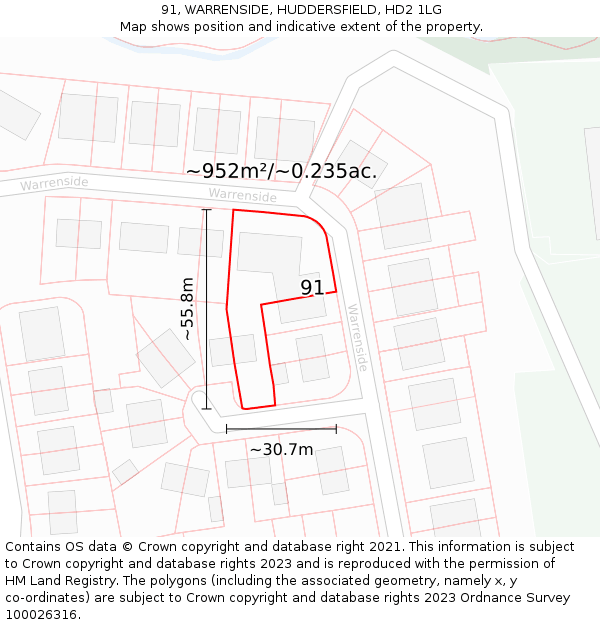 91, WARRENSIDE, HUDDERSFIELD, HD2 1LG: Plot and title map
