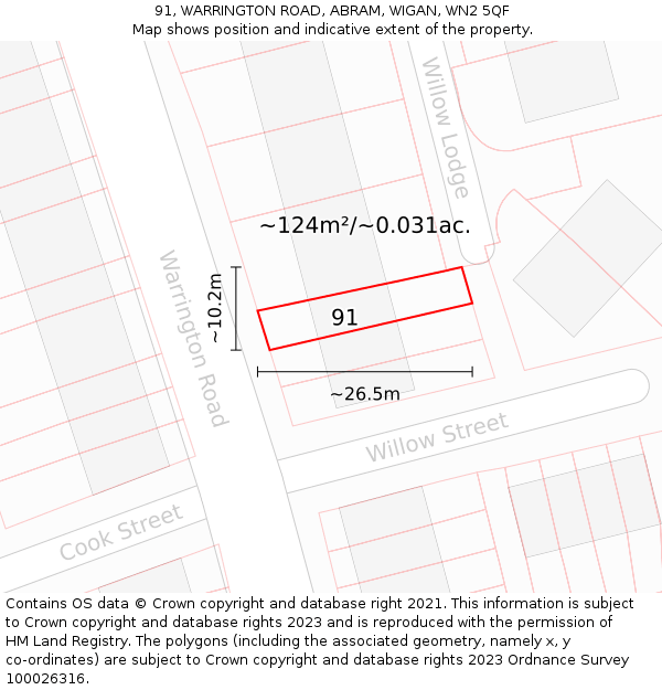 91, WARRINGTON ROAD, ABRAM, WIGAN, WN2 5QF: Plot and title map