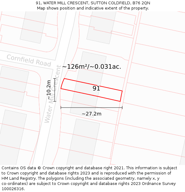 91, WATER MILL CRESCENT, SUTTON COLDFIELD, B76 2QN: Plot and title map