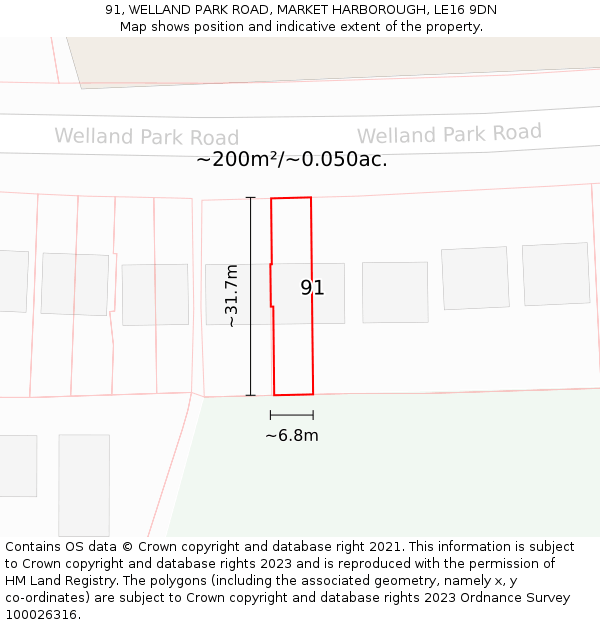 91, WELLAND PARK ROAD, MARKET HARBOROUGH, LE16 9DN: Plot and title map